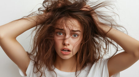 Worried woman grabbing her frizzy, damaged hair with a stressed look, focusing on tangled strands and rough texture.の素材