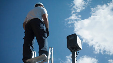 Video surveillance system installation in progress with a master standing on a stepladder, focusing on the setup and repair of CCTV equipment.の素材