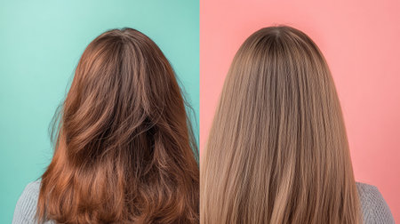 Woman hair before and after dandruff treatment displayed in a collage with colorful backgrounds. Focus on scalp condition changes with visible reduction of flakes.の素材