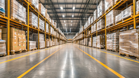 Wide-angle view of stored inventory in a modern logistics warehouse with neatly organized shelves and pallets, showcasing efficient warehouse management.の素材