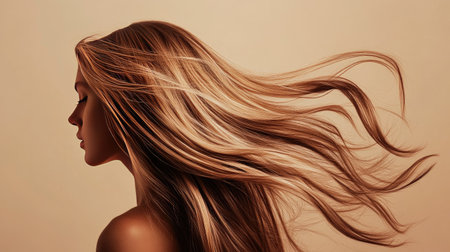 Wavy, lively hair flowing freely on a beige backdrop, capturing the essence of natural, dynamic beauty in a minimalist setting.の素材