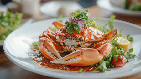 A beautifully presented plate of steamed egg crab, showcasing the tender meat drizzled with a rich spicy seafood sauce, surrounded by fresh herbs and colorful garnishes for a vibrant dish.の素材