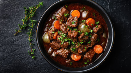 A bowl of Boeuf Bourguignon with beef, carrots, and onions in a deep sauce, viewed from above on a dark textured surface, garnished with herbs for a gourmet presentation.の素材