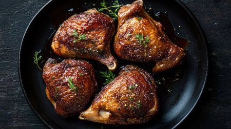 A closeup, top view of duck confit with perfectly crispy skin on a dark plate, garnished with fresh herbs, placed on a textured background.の素材