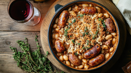 A close-up, top view of a cassoulet with tender white beans, juicy sausages, and crispy breadcrumbs, placed on a wooden table with a glass of red wine nearby.の素材