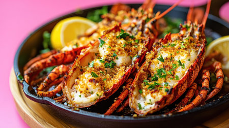 A close-up of halved spiny lobster, perfectly grilled and topped with lemon and Italian parsley herb bread crumbs, beautifully arranged in a cast iron skillet on a wooden serving plate against a vibrant magenta background.の素材