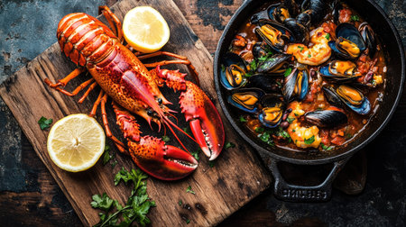 A beautifully arranged halved Maine lobster, freshly broiled and garnished with lemon, served alongside a bubbling cioppino mussels seafood stew in a rustic pan on a wooden board.の素材