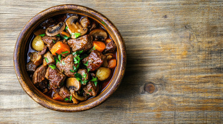 A beautifully presented Boeuf Bourguignon in a rustic bowl, viewed from above, with chunks of beef, mushrooms, and vegetables on a light wooden surface.の素材