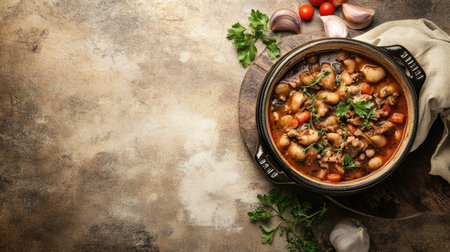 A cassoulet served in a rustic pot on a neutral background, with ample space on the right for adding text, ideal for promotional materials or food blogs.の素材