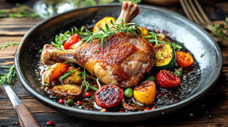 A beautifully plated duck confit featuring tender duck legs, crispy skin, and aromatic herbs, served with roasted vegetables on a rustic wooden table.の素材
