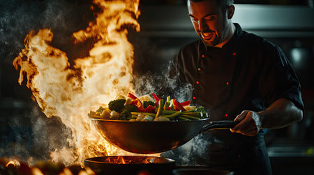 A chef flipping a wok full of fresh vegetables, flames bursting around the pan, with a dark backdrop highlighting the intense heat and motion. Perfect for food or culinary action shots.の素材