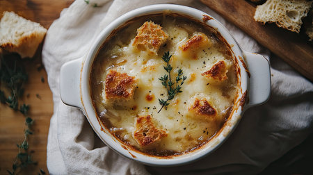 A cozy bowl of French onion soup from above, highlighting the crispy cheese croutons and fresh thyme, styled for an inviting and delicious culinary experience.の素材
