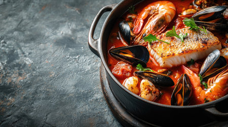 A captivating close-up of a modern pot filled with bouillabaisse, featuring tender fish, succulent king prawns, and mussels simmered in a rich red wine sauce, with space for text in the surrounding area.の素材