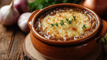 A classic serving of French onion soup in a traditional bowl, with rich caramelized onions and gooey cheese, beautifully displayed on a wooden surface with copy space.の素材