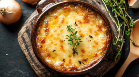 A close-up top view of French onion soup with rich caramelized onions, bubbling cheese, and fresh herbs, beautifully arranged in a traditional bowl.の素材