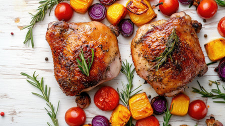 A close-up, top view of two duck thighs baked with spices, elegantly arranged with colorful roasted vegetables on a white wooden tabletop.の素材