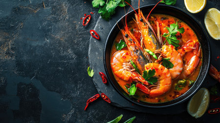 A cozy presentation of tom yum kung featuring shrimp and vibrant ingredients in a black bowl, beautifully styled on a dark stone tabletop with ample copy space for text.の素材