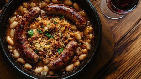 A close-up, top view of a cassoulet with tender white beans, juicy sausages, and crispy breadcrumbs, placed on a wooden table with a glass of red wine nearby.の素材
