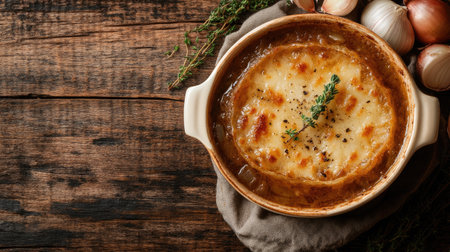 A cozy bowl of classic French onion soup from above, highlighting the fresh thyme and caramelized onions, styled on a rustic table for an inviting culinary atmosphere.の素材