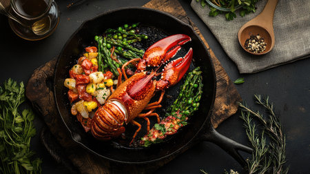 A cozy seafood dinner featuring a whole Maine lobster and vegetable side dish in a cast iron pan, captured in a clean, modern setting with dark warm tones and detailed fabric placemat.の素材