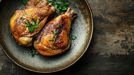A closeup of duck confit with a golden, crispy skin on a rustic plate, positioned on the lower left, leaving space on the right for copy or branding.の素材