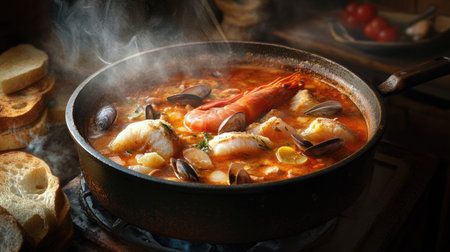 A cozy kitchen scene with a steaming pot of bouillabaisse, featuring a mix of fish and shellfish in a fragrant broth, served with rustic bread, evoking the warmth and richness of Mediterranean culinary traditions.の素材