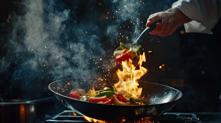 A chef flipping a wok full of fresh vegetables, flames bursting around the pan, with a dark backdrop highlighting the intense heat and motion. Perfect for food or culinary action shots.の素材
