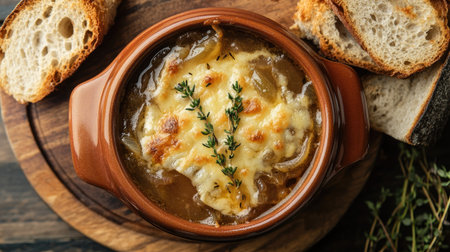 A close-up top view of French onion soup with rich caramelized onions, bubbling cheese, and fresh herbs, beautifully arranged in a traditional bowl.の素材