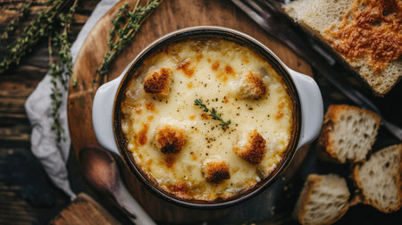 A cozy bowl of French onion soup viewed from above, garnished with golden cheese croutons and fresh thyme, creating a warm and inviting culinary atmosphere. -の素材
