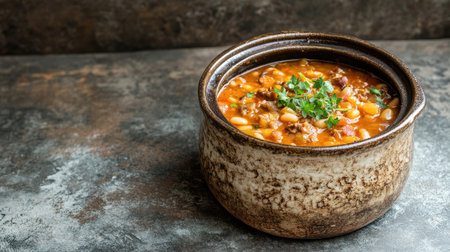 A cassoulet served in a rustic pot on a neutral background, with ample space on the right for adding text, ideal for promotional materials or food blogs.の素材