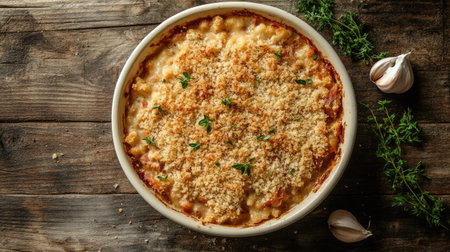 A bubbling cassoulet from a top-down angle, the surface showing crisp breadcrumbs and tender meats beneath, served on a wooden table with garlic and herbs scattered.の素材