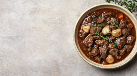 A bowl of Boeuf Bourguignon with beef, wine sauce, and herbs on the bottom left, leaving space on the right for copy, ideal for food blogs or restaurant promotions.の素材