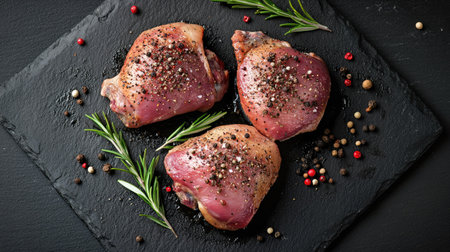 A close-up, top-down shot of raw duck thighs with sprigs of fresh rosemary and an array of spices on a sleek black stone surface, ideal for meat preparation visuals.の素材