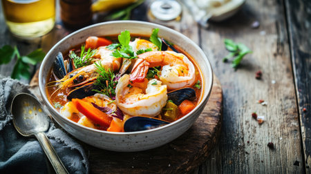 A beautiful bowl of bouillabaisse filled with vibrant seafood and vegetables, elegantly presented on a rustic table with ample copy space for text or branding.の素材
