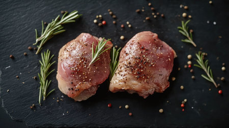 A close-up, top-down shot of raw duck thighs with sprigs of fresh rosemary and an array of spices on a sleek black stone surface, ideal for meat preparation visuals.の素材