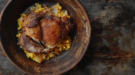 A closeup of duck confit with a golden, crispy skin on a rustic plate, positioned on the lower left, leaving space on the right for copy or branding.の素材