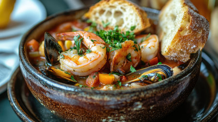 A colorful top view of bouillabaisse soup, featuring a bounty of seafood like shrimp, mussels, and scallops, presented in a rustic bowl, with crusty breadの素材