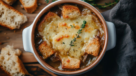 A cozy bowl of French onion soup viewed from above, garnished with golden cheese croutons and fresh thyme, creating a warm and inviting culinary atmosphere. -の素材