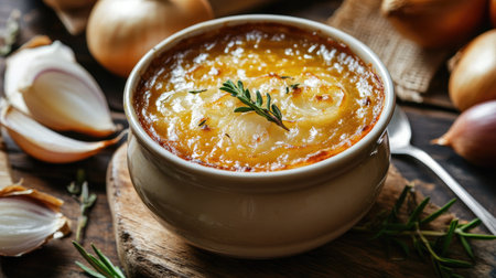 A delightful top view of French onion soup, showcasing the vibrant onions and fresh thyme, presented in an elegant bowlの素材