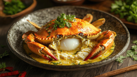 A delightful serving of steamed egg crab, filled with fresh milk and complemented by a spicy seafood sauce, beautifully styled on a rustic plate with fresh herbs and spices. -の素材