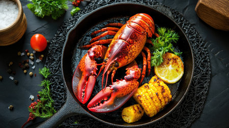 A delightful seafood spread featuring a broiled whole Maine lobster with a vegetable side dish, artfully arranged in a cast iron panの素材