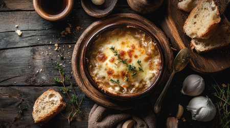 A cozy serving of French onion soup from a top view, featuring crispy cheese and croutons, beautifully styled with rustic decor elements for an inviting touch.の素材