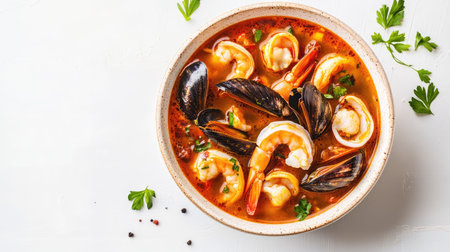 A delicious overhead view of bouillabaisse, filled with a variety of seafood in a flavorful, spicy broth, served in a traditional bowl on a white background, inviting viewers to savor this classic dish.の素材