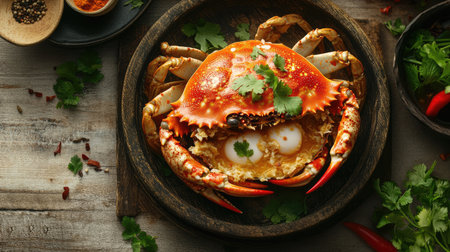 A delightful serving of steamed egg crab, filled with fresh milk and complemented by a spicy seafood sauce, beautifully styled on a rustic plate with fresh herbs and spices. -の素材