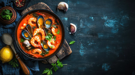 A delicious serving of bouillabaisse elegantly styled on a rustic table, with bright colors and textures,の素材