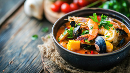 A delicious serving of bouillabaisse elegantly styled on a rustic table, with bright colors and textures,の素材