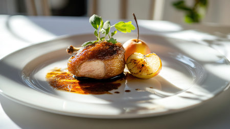 A light and airy presentation of duck confit with a baked apple, placed on a white plate, with sunlight creating delicate shadows for a sophisticated dining experience.の素材