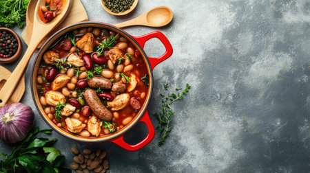 A flavorful French cassoulet with chicken, sausages, and beans in a red pot, placed on a grey concrete background with wooden spoonsの素材
