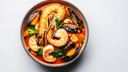 A delightful top view of bouillabaisse, filled with a variety of seafood in a rich, spicy broth, served in a stylish bowl on a white background,の素材