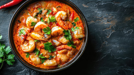 A delightful bowl of moqueca filled with fish and shrimp, beautifully styled on a dark slate tabletop, with a clear area for text or branding needs.の素材